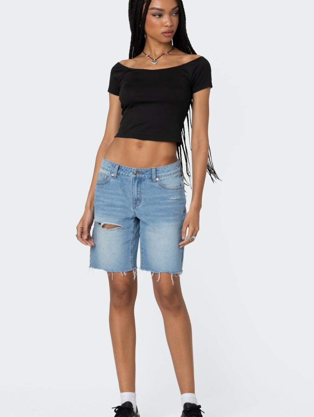 Edikted Womens Riptide Denim Bermuda Shorts - Size Small
